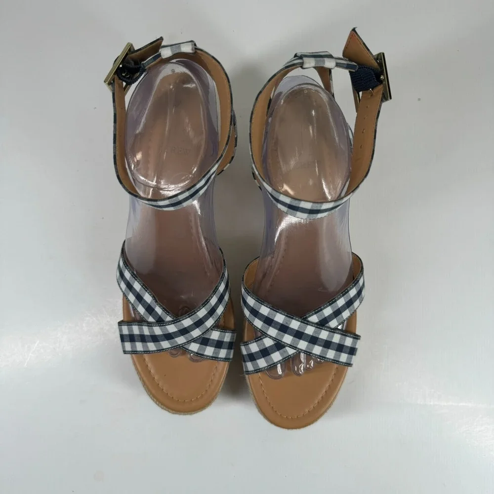 J.Crew Women's US 8.5 Navy Blue Gingham Flatform Espadrille Wedge Sandals L4669